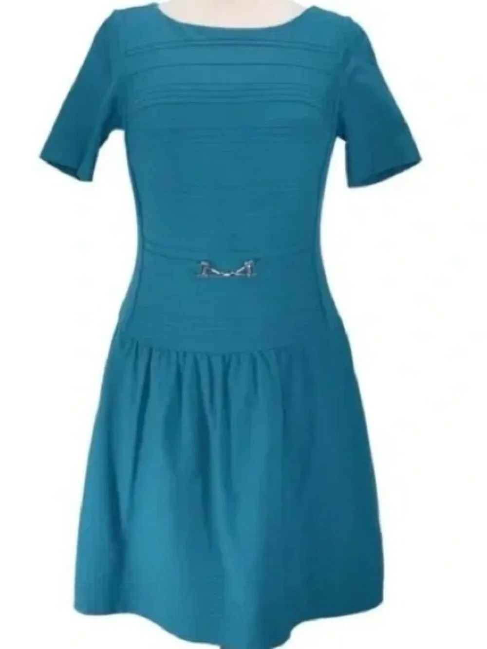 White House/Black Market Ponte Drop Waist Buckled Belt Accent TEAL Dress 10  NWT - Picture 5 of 7